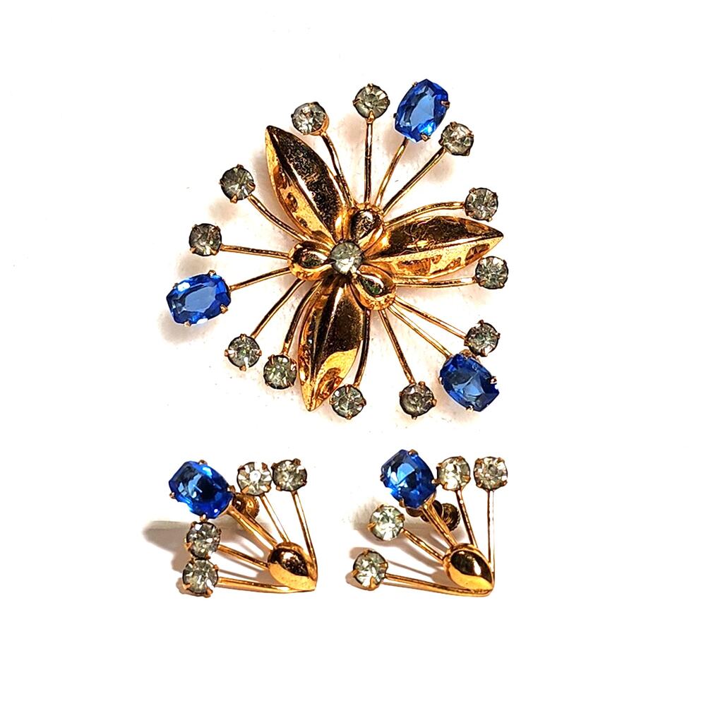 Vtg Art Deco Gold Tone Blue Rhinestones Starburst Brooch Screw Back Fan Earrings